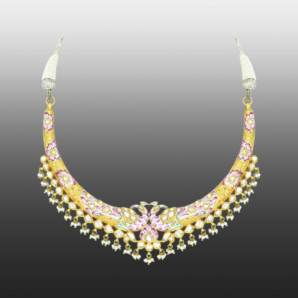 Hasli Necklace with Pink Enamel and Polki Pearls